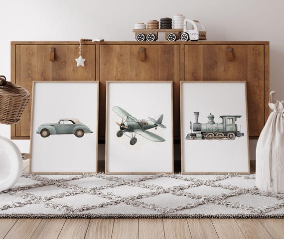 Vintage Vehicle Nursery Art Set of 3, Sage Green Car Airplane Train Prints