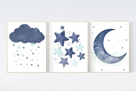 Navy mint nursery decor, cloud and stars, moon and stars, navy teal nursery art. baby room wall art, boy nursery decor, set of 3, navy aqua