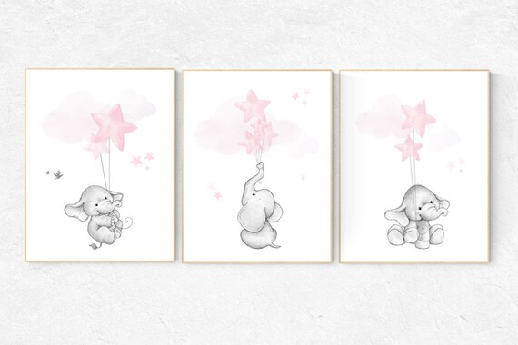 Nursery decor girl, elephant balloon print,  elephant artwork, elephant wall art, baby girl nursery wall art, Elephant Nursery Prints