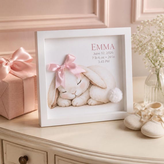 Personalized Bunny Birth Stats Framed art, 9x9 Baby Girl Nursery Art