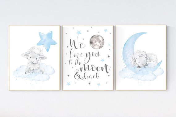 Nursery decor boy, nursery decor lambs, Sheep nursery decor, nursery wall art sheep, moon and cloud wall art nursery, boy nursery decor