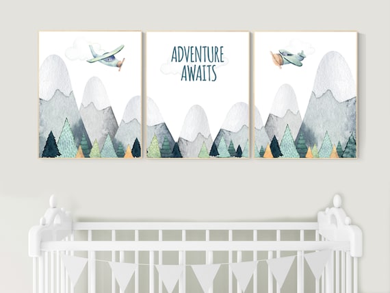 Adventure Awaits Nursery Wall Art, Mountain & Airplane Prints, Woodland Travel Theme, Baby Boy Room Decor, adventure theme nursery decor