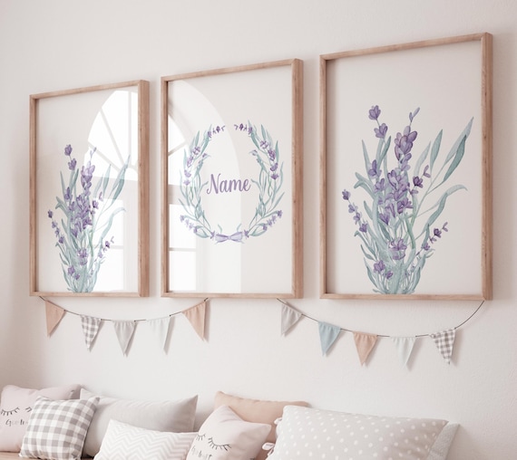 Lavender Wall Art Set – Personalized Name Floral Print – Purple Botanical Nursery or Bedroom Decor – Watercolor Lavender Prints