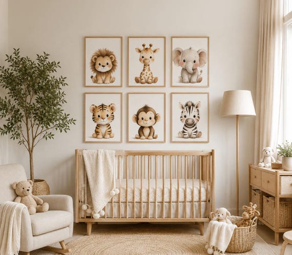 Safari Animal Nursery Prints: Watercolor Jungle Animals, Set of 6