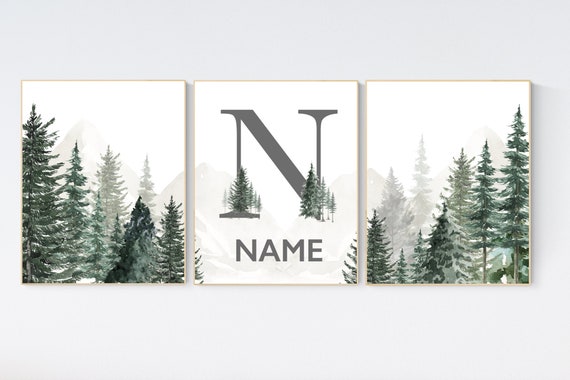 Nursery decor mountain, nursery wall art, tree nursery decor, adventure theme nursery, forest, sage green, baby room prints