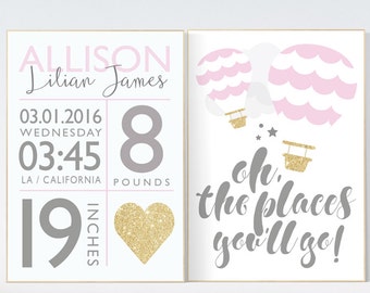 Baby room decor girl gold and pink, oh the places you'll go, hot air balloon nursery pink gold nursery wall decor, birth stats print