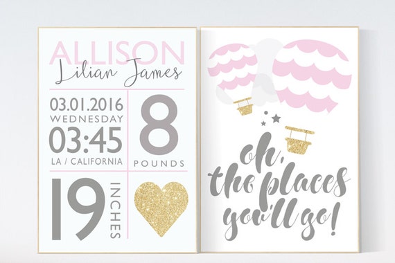 Baby room decor girl gold and pink, oh the places you'll go, hot air balloon nursery pink gold nursery wall decor, birth stats print