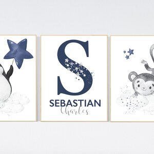 Nursery decor boy, monkey and penguin, animal prints, nursery wall art boy name, navy blue, nursery wall decor, boy nursery decor, penguin