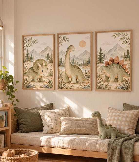 Dinosaur Nursery Wall Art Set of 3, Neutral Dino Prints, Watercolor Dinosaur