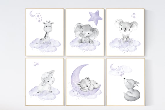 Nursery decor girl animals, purple nursery, lilac, elephant, bear, giraffe, fox, koala, animal nursery, lilac nursery, animal nursery prints