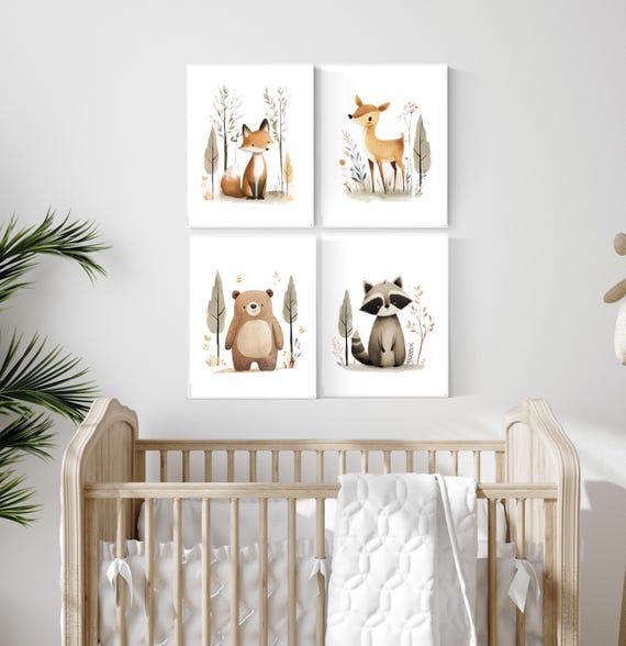 Woodland Animal Nursery Wall Art Set – Fox, Deer, Bear & Raccoon
