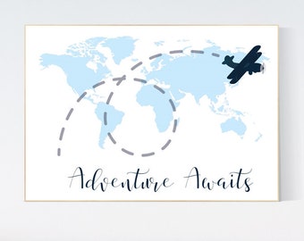 World Map Nursery Art Print: Adventure Awaits, Navy Blue Airplane