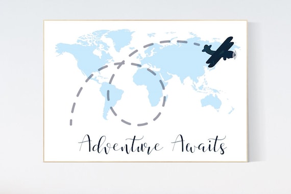 Nursery wall art map, adventure awaits, world map print, nursery decor boy mountains adventure, navy blue, plane nursery decor, blue nursery