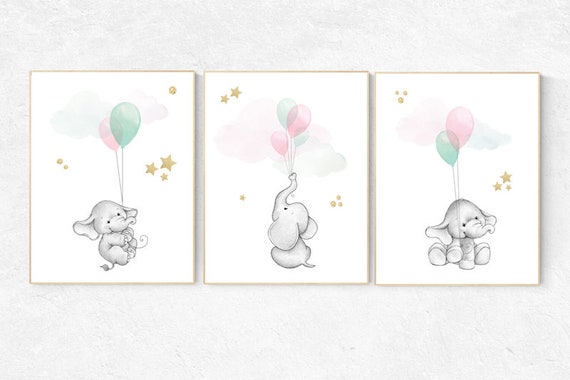 Elephant nursery, Pink mint gold nursery decor, Nursery decor animals, pink and mint, pink teal nursery, mint green, animal prints balloons