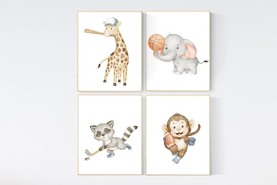 Sports nursery decor, Baby Animals Sport, Baby boy sports nursery, Safari nursery, baseball, football, hockey, basketball, sports animals