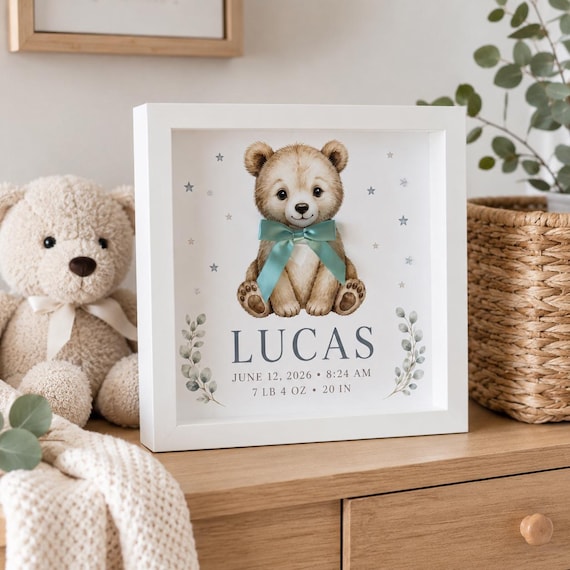 Personalized Baby Boy Birth Stats Wall Art, Teddy Bear Nursery Decor, 9x9