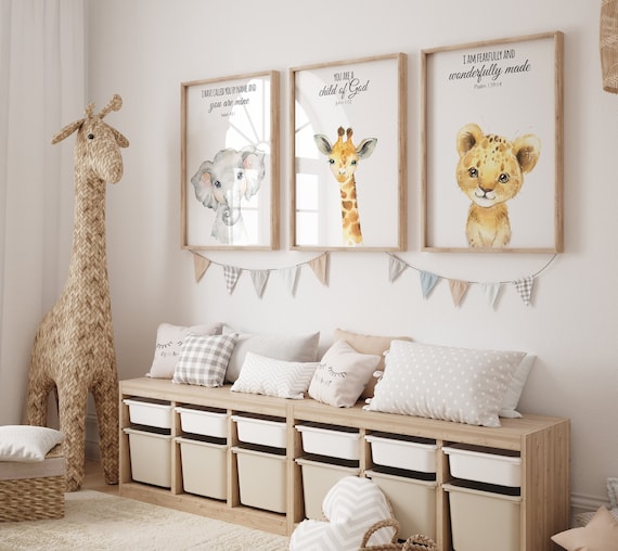 Safari nursery, nursery wall art animals, safari animals, gender neutral,  verse nursery, bible verse, bear, elephant, giraffe, animal print