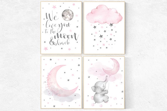 Nursery decor girl wall art, elephant nursery, Nursery decor girl, we love you to the moon and back, pink nursery prints, cloud and star