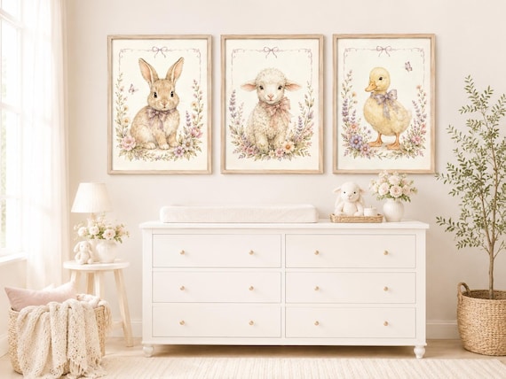 Bunny Lamb Duck Nursery Wall Art Set of 3, Floral Farm Animal Print