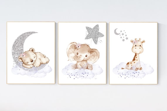 Animal nursery, nursery decor girl purple silver, nursery decor girl woodland animals, teddy bear, elephant, giraffe, nursery prints girl