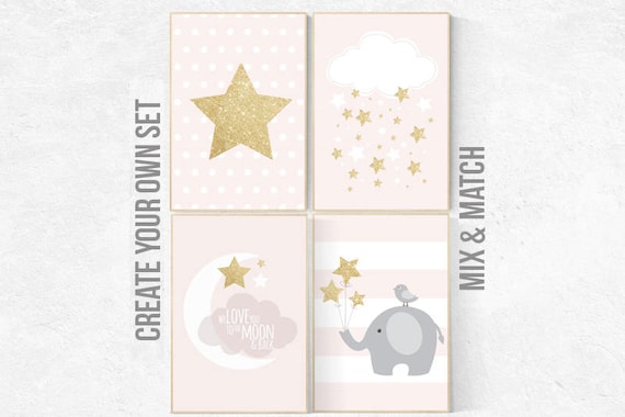 pink gold nursery decor, elephant nursery, pink and gold nursery, moon and back, Nursery decor girl gold, cloud nursery, girls room decor