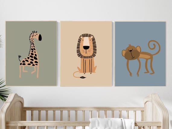 Safari Animal Nursery Prints, Boho Jungle Art, Set of 3