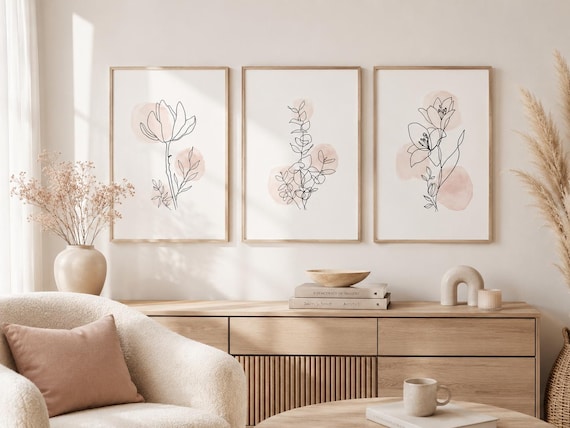 Minimalist Botanical Line Art Prints: Blush Floral Wall Decor Set