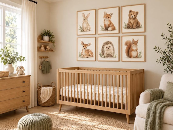 Woodland Nursery Wall Art Set of 6, Baby Animal Prints, Sage Green & Neutral Forest