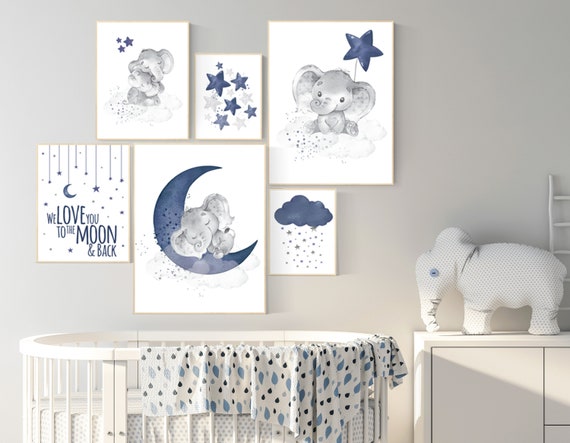 Nursery decor boy elephant, navy blue nursery wall art, cloud, stars, navy nursery, boy nursery wall art, we love you to the moon and back