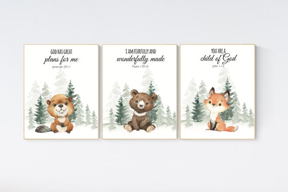 Nursery decor woodland, Woodland Nursery Wall Art, Woodland Print Set, animal prints, verse nursery, bible nursery, gender neutral nursery