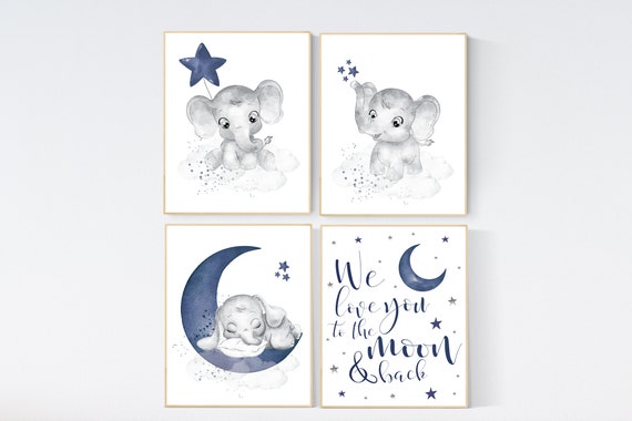 Nursery decor boy elephant, navy nursery decor, we love you to the moon and back, moon and stars, navy blue nursery art, elephant nursery