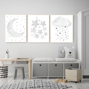 Grey Nursery Art: Moon, Stars, Cloud Prints