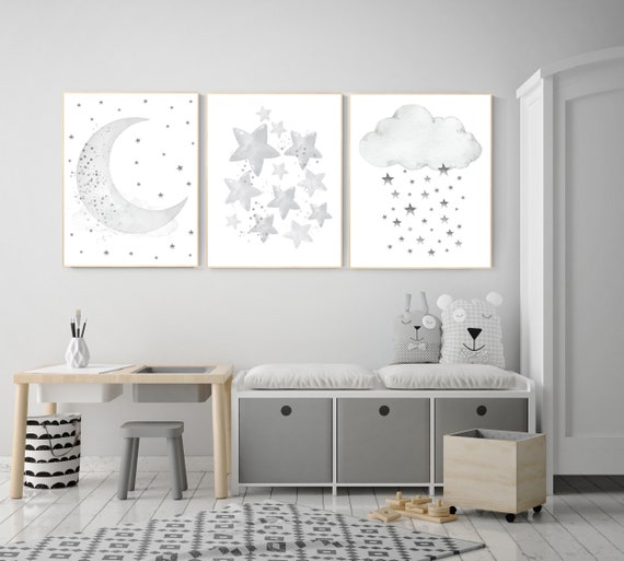 Nursery wall art grey, gray nursery, nursery decor neutral, baby room decor gender neutral, moon and stars, grey nursery decor baby room art