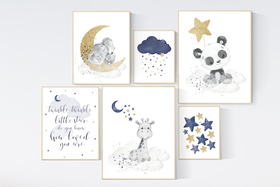 Nursery decor boy, animal prints, elephant, bear, giraffe, navy gold, twinkle twinkle little star, baby boy nursery, navy and gold nursery