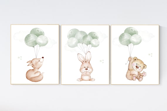 Nursery wall art animals, green nursery, gender neutral nursery, sage green, baby room decor, bear, fox, bunny nursery, animal prints