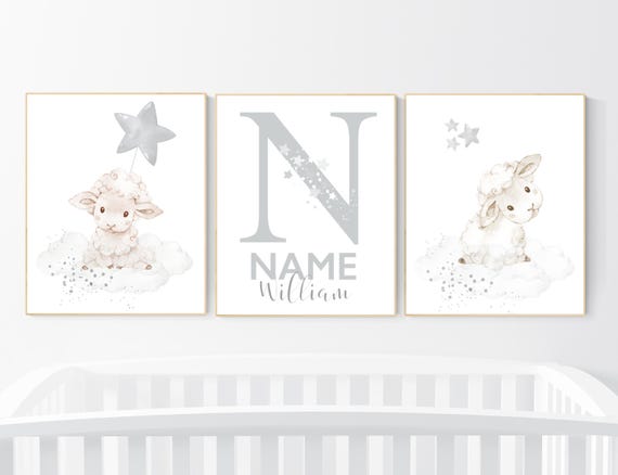 Sheep nursery decor, Gray nursery decor, nursery decor lambs, nursery wall art sheep, moon and cloud wall art nursery gender neutral nursery