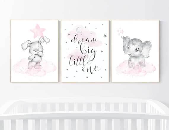 Nursery wall art girl elephant, bunny, pink and grey, nursery decor girl pink, moon, stars, nursery prints, animal prints, girl nursery