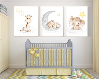 Neutral Nursery Decor: Yellow Gray Animal Prints