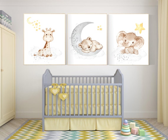 Nursery decor neutral, Yellow gray nursery, nursery wall art animals, elephant, giraffe, bear, moon, stars, gender neutral, yellow and gray