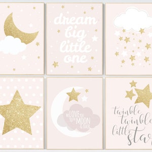 Pink gold nursery art, dream big little one, twinkle twinkle little star, nursery decor, pale pink, moon nursery, baby girl nursery wall art