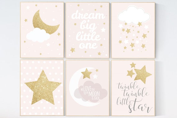 Pink gold nursery art, dream big little one, twinkle twinkle little star, nursery decor, pale pink, moon nursery, baby girl nursery wall art