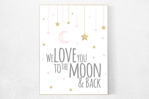 Nursery decor girl, pink and gold nursery, we love you to the moon and back, pink nursery art, cloud and stars, baby room decor