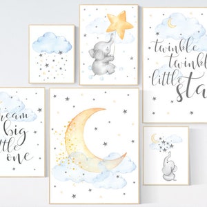 Nursery decor elephant, blue and yellow nursery, gender neutral, twinkle twinkle little star, nursery wall art neutral, dream big little one