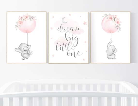 Nursery decor girl floral, nursery wall art girl, elephant nursery wall decor, blush pink, floral nursery, name nursery print, girl nursery