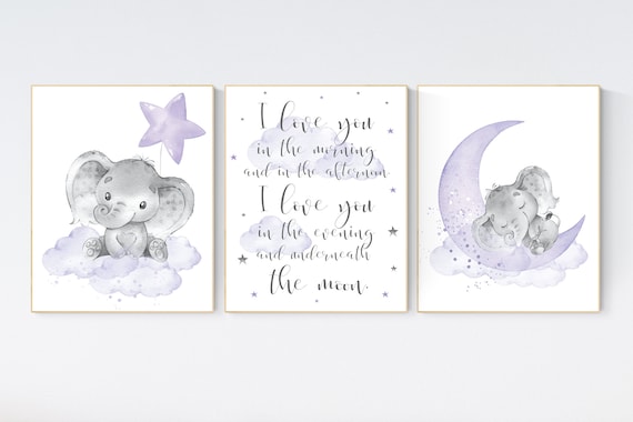 Girls room decor purple, Nursery decor girl purple, nursery decor elephant girl, moon and stars, lavender, star nursery, lilac nursery decor