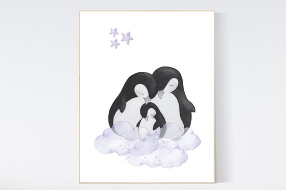 Penguin nursery, cloud and stars, purple nursery art. baby room wall art, nursery wall art penguin, lilac, lavender, nursery wall art