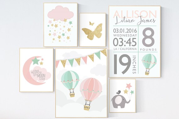 Pink mint gold nursery decor, pink and mint, nursery set, nursery decor girl gold, elephant nursery, moon and back, moon stars cloud