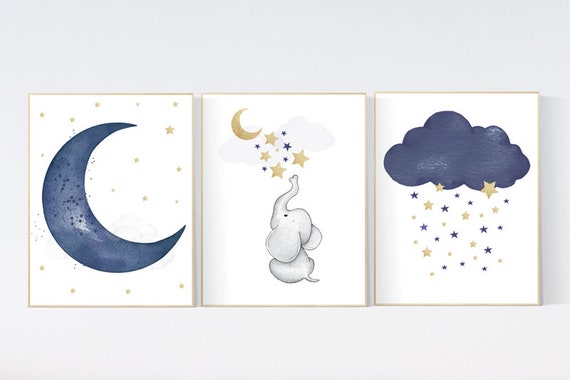 Navy nursery decor boy elephant, cloud and stars, moon and stars, navy gold nursery art. baby room wall art, boy nursery decor, set of 3