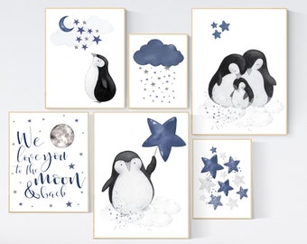 Penguin Nursery Art: Navy Blue Moon & Stars Prints