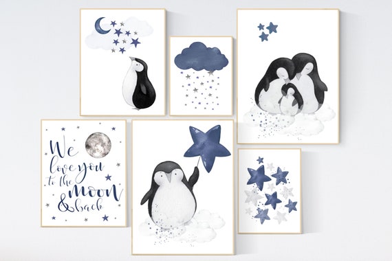 Nursery decor boy, navy blue nursery, penguin nursery wall art boy, navy Blue, moon and stars, navy nursery wall decor, boys room nursery